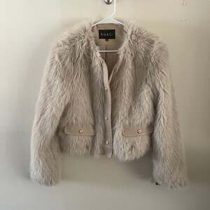 Shaci Womens Small S Cream Cropped Faux Fur Jacket Faux Leather Trim Luxury